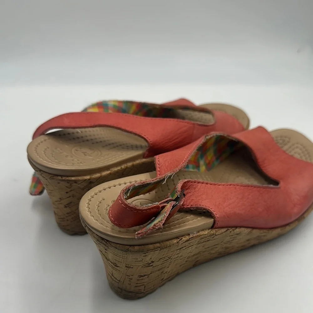 Crocs A-Leigh Sandals Womens 10 Coral Leather  Cork Wedge Slingback Shoes